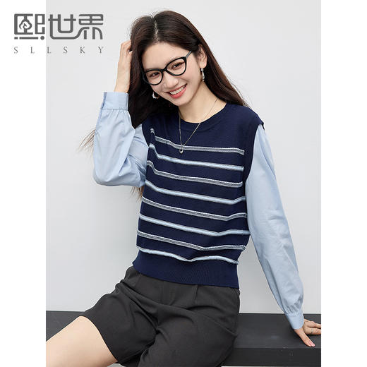 【五折购】熙世界2025春秋新款假两件条纹针织衫女长袖拼接宽松圆领休闲上衣 商品图0