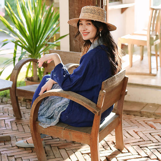 绽放098朵/蓝色多瑙河连衣裙进口微皱色织亚麻落肩袍子七分袖裙子 商品图2