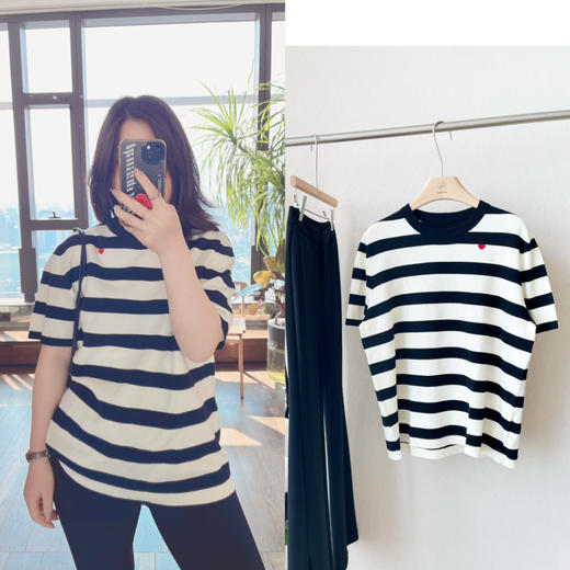 【条纹控】噢蜜ooomeooo爱心刺绣宽条纹T 商品图0