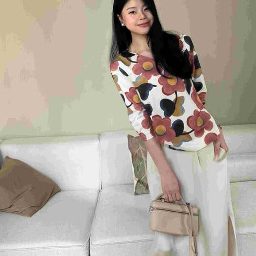 顺丰包邮洛诗琳15937夏季新款气质七分袖宽松后绑带印花上衣0767 商品图1