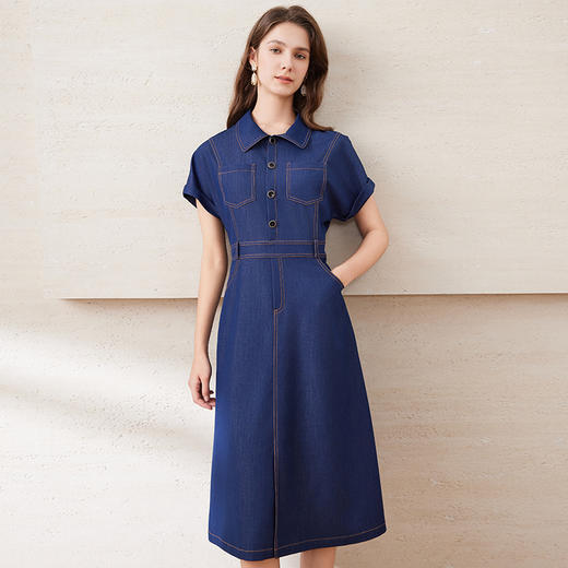 EITIE爱特爱气质复古翻领连肩袖通勤显瘦牛仔连衣裙2025夏季新款B2507640 商品图1