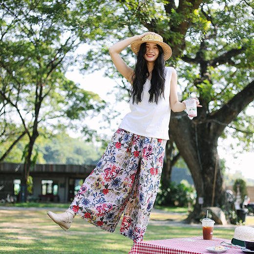 绽放旅行女装118朵/苎麻印花全腰松紧内加抽绳复古风透气阔腿裙裤 商品图1