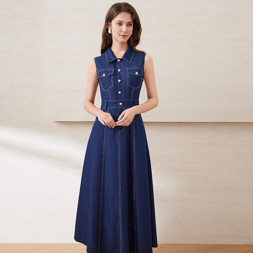 EITIE爱特爱气质翻领时尚显瘦百搭无袖收腰牛仔连衣裙夏新款B2507636 商品图1