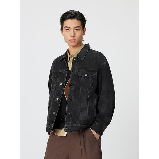 GXG男装 棋盘格镭射工艺斜纹复古翻领牛仔夹克外套 25年春热卖 商品图3