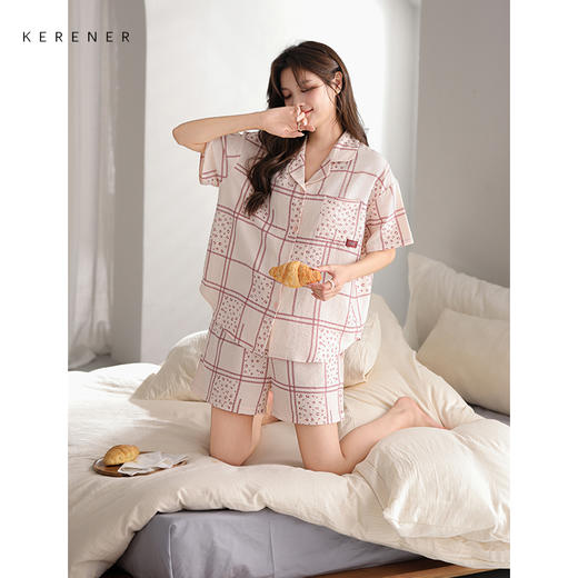 可人儿栗茵小众设计师新款泡泡绵夏季女短袖睡衣时尚可外出家居服 商品图3