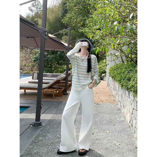 <曾小咸推荐>韩系蓝色条纹针织宽松罩衫T恤【预售3-15天发货】 商品图4