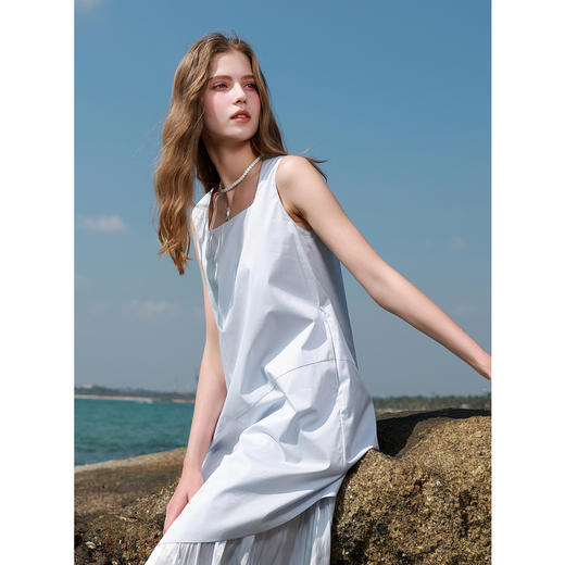 三彩2025春季新款假两件连衣裙方领无袖拼接A字裙纯色长裙M 商品图2