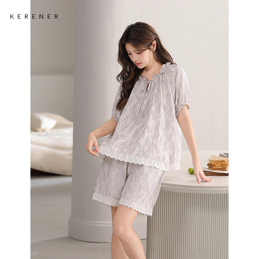 可人儿小众设计师新款泡泡绵夏季女短袖睡衣时尚可外出家居服套装 商品图2