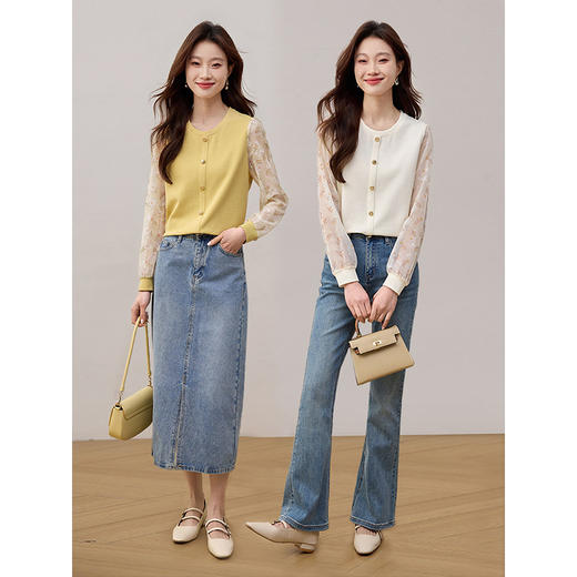 【年终特卖】熙世界设计感雪纺印花长袖拼接针织T恤假两件上衣女2025春秋新款 商品图3