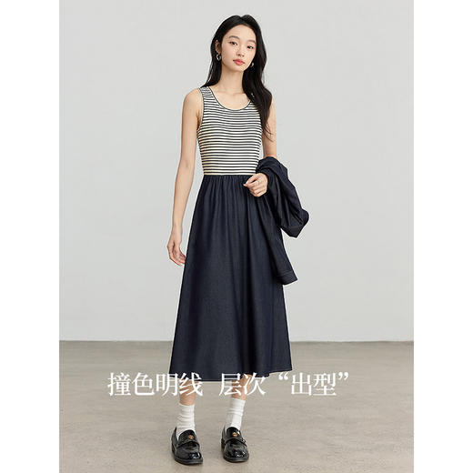 【五折购】熙世界软牛仔短款外套条纹针织拼接连衣裙两件套装女2025春装新款 商品图2