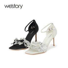 westory女鞋夏季新款尖头高跟细跟银色饰扣一字带后包凉鞋61511