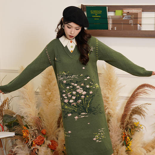 两三事梵高文艺绿野追忆 冬季新款花卉图案假两件毛衣裙连衣裙 商品图2