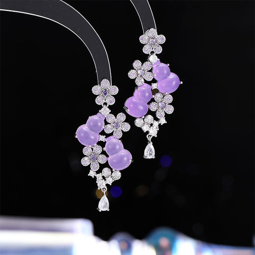 s925银针中式招财进宝琉璃宝葫芦花朵耳环LY 商品图2
