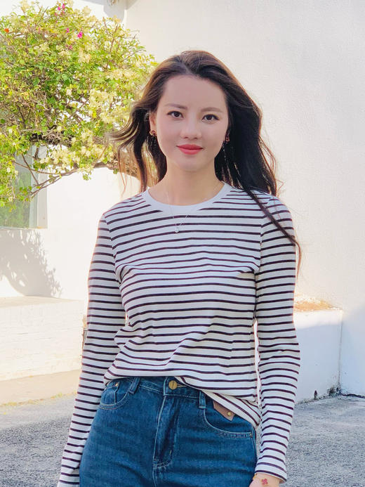 【百图lulu定制】【智性条纹衫】黑白色条纹  圆领长袖 T恤 商品图3