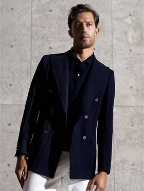 Stylbiella 澳洲美丽诺羊毛四向弹力藏青色褶皱风格全麻衬单西