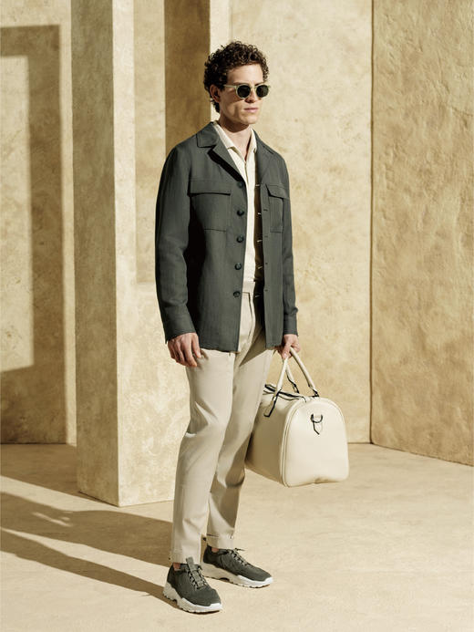 Stylbiella 54%棉46%亚麻橄榄绿人字纹游猎夹克 商品图0