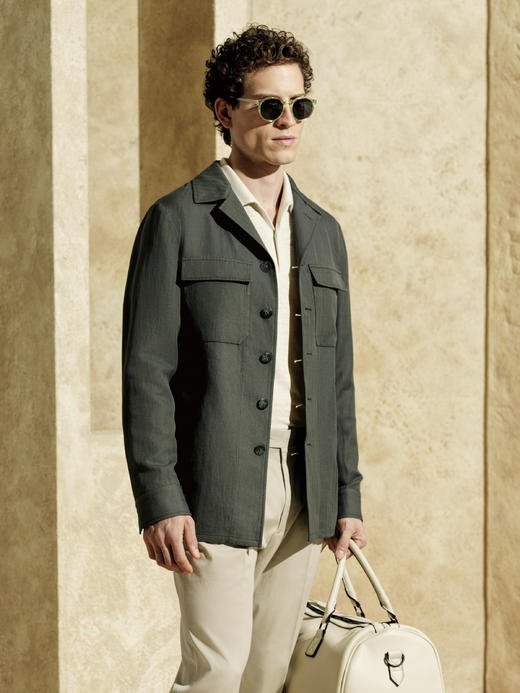 Stylbiella 54%棉46%亚麻橄榄绿人字纹游猎夹克 商品图1