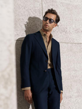 Stylbiella 澳洲美丽诺羊毛自然纬弹海军蓝全麻衬西装套装