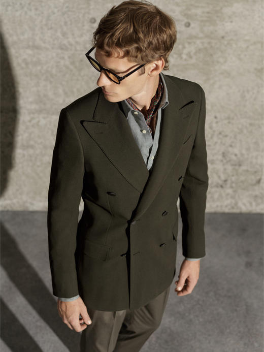 Stylbiella 澳洲美丽诺羊毛四向弹力橄榄绿小肌理全麻衬单西 商品图1