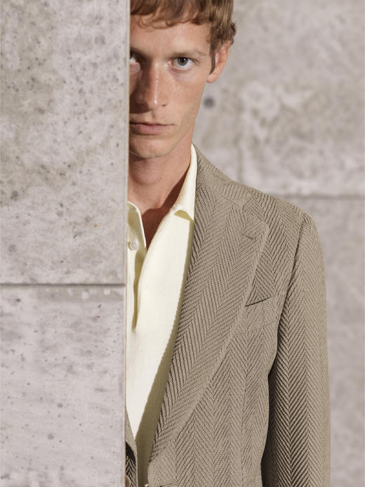 Stylbiella 澳洲美丽诺羊毛四向弹力小麦色3D大人字纹全麻衬单西 商品图1