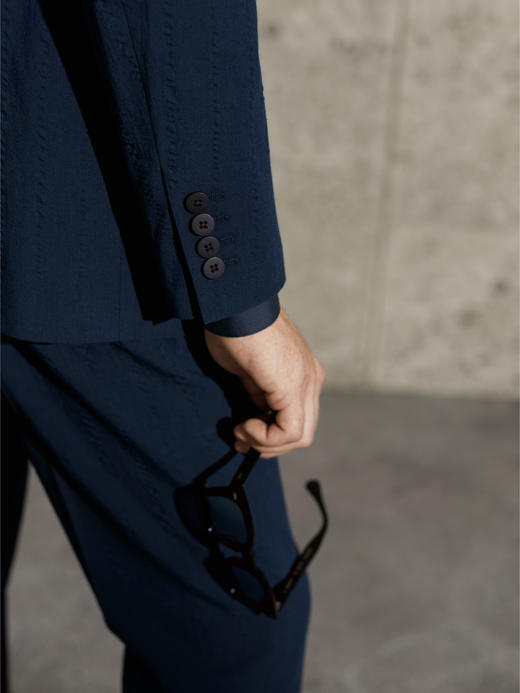 Stylbiella 埃及棉四向弹力深蓝色全麻衬西装套装 商品图1