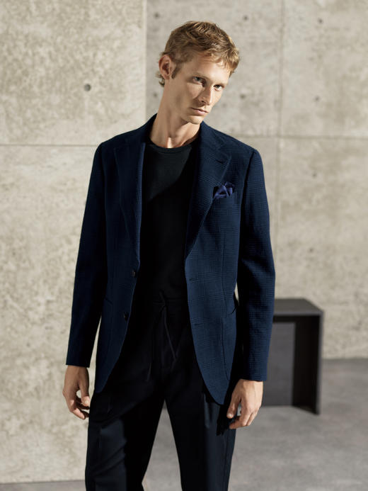 Stylbiella 74%澳洲美丽诺羊毛四向弹力深蓝色亲王格泡泡纱全麻衬单西 商品图0