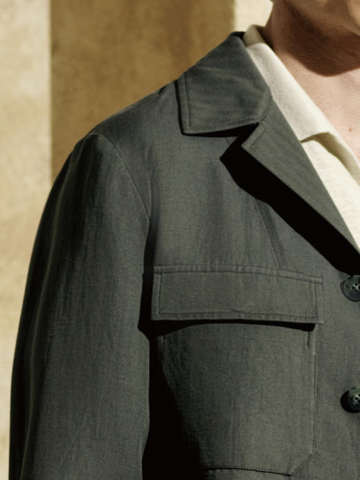 Stylbiella 54%棉46%亚麻橄榄绿人字纹游猎夹克 商品图2