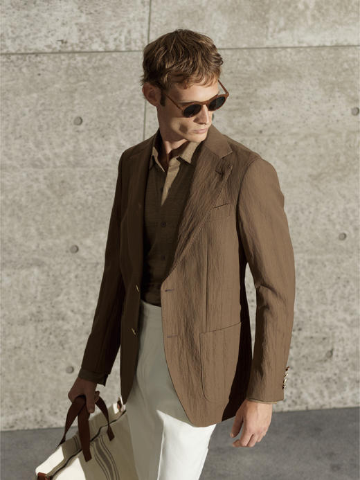 Stylbiella 澳洲美丽诺羊毛四向弹力棕色条纹全麻衬单西 商品图1