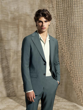 Stylbiella Super 100's 澳洲美丽诺羊毛绿色全麻衬西装套装