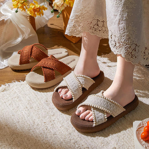 春夏新品民族风复古编织交叉波西米亚麻拖鞋居家外穿女[WG25651] 商品图0