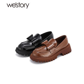 westory秋冬蝴蝶结乐福鞋厚底一脚蹬单鞋圆头减龄真皮女鞋W22AM54141