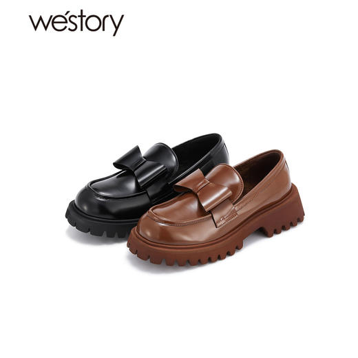 westory秋冬蝴蝶结乐福鞋厚底一脚蹬单鞋圆头减龄真皮女鞋W22AM54141 商品图0