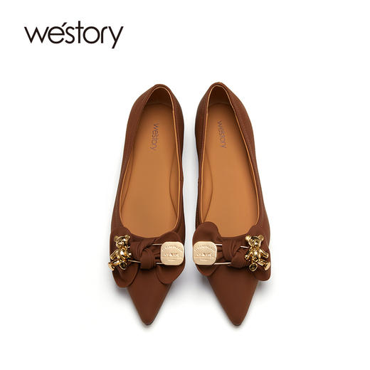 westory小熊蝴蝶结尖头温柔法式真皮浅口平底单鞋女54981 商品图3