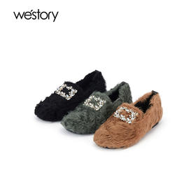 westory22年秋冬新款纯色钻扣平底绒里保暖玛丽珍毛毛鞋女W22CM72801