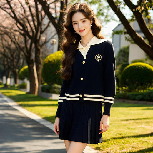 奢姿大码女装2025春装新款学院风假两件拼接条纹针织衫半裙套装9851969465 商品图2
