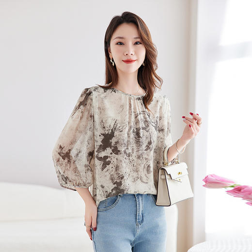 QS-12599728【100%桑蚕丝双绉印花】真丝衬衫女国风灯笼五分袖衬衣女12599728 商品图0