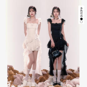 西遇法式方领连衣裙女新款薄纱荷叶边一字肩收腰裙子SS150108