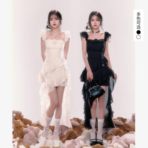 西遇法式方领连衣裙女新款薄纱荷叶边一字肩收腰裙子SS150108 商品图0