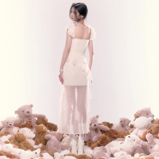 西遇法式方领连衣裙女新款薄纱荷叶边一字肩收腰裙子SS150108 商品图4