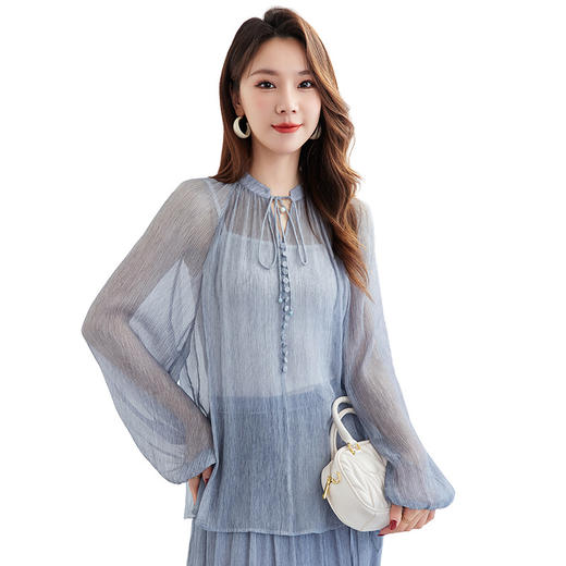 QS-12599692【100%桑蚕丝】2025夏款新款首发真丝衬衣女长袖立领衬衫12599692 商品图4