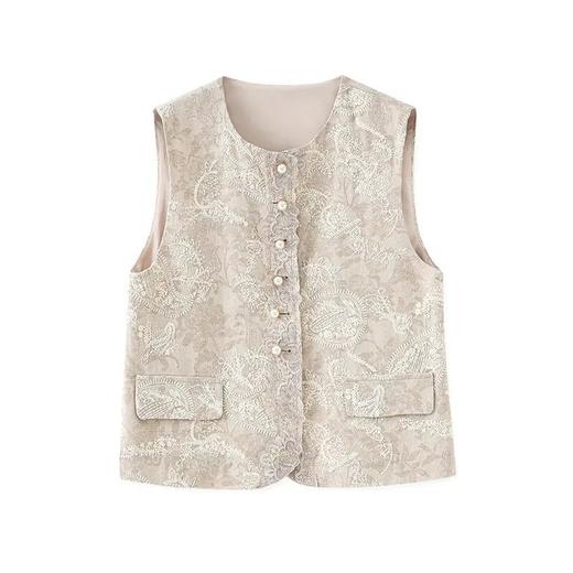 【高货wl】全新升级【铂金会员312/天猫419/差价107】(05752) 洛诗琳春款重工提花手工麻绣新中式设计感珍珠扣马甲外套 商品图4