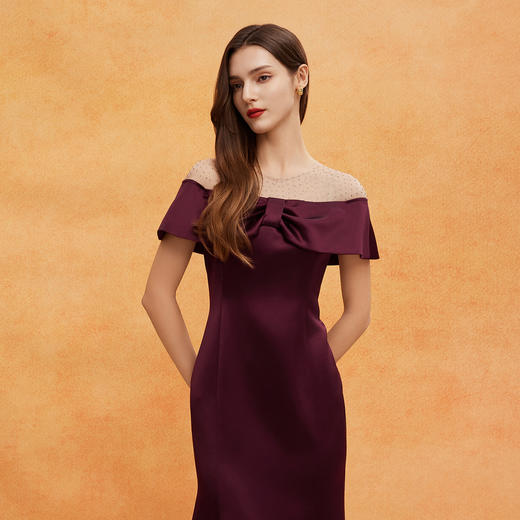 QF809斯尔丽2025新款年轻喜妈妈礼服拼接网纱烫钻修身气质高雅连衣裙 商品图4