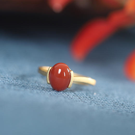 【敦煌朱颜醉南红戒指】s925银戒指 南红玛瑙 时尚女士饰品镀金椭圆蛋面配饰手饰 商品图1