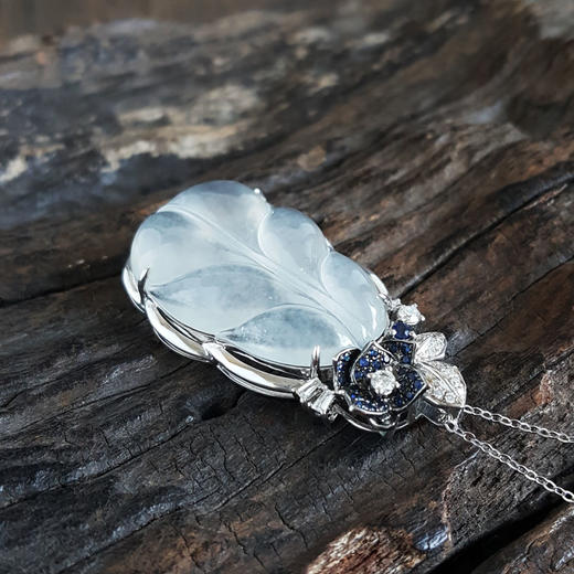 【天然正品】A货翡翠AU750收藏级白金镶钻镶天然冰种叶子（金枝玉叶）翡翠吊坠项链45.6*22.6*8.5MM（皆取最大值）女士现售价：9880！070325AH33 商品图4