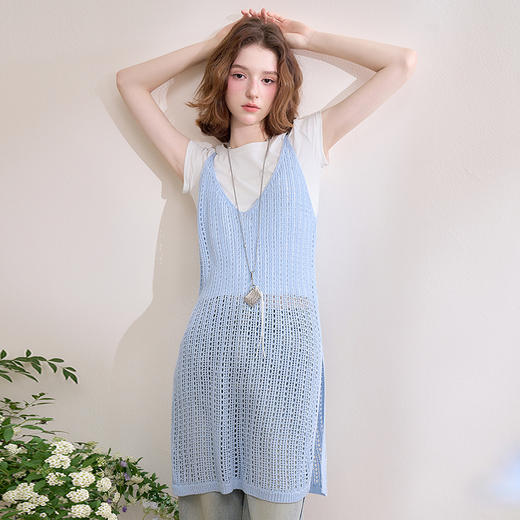 西遇白色短袖t恤套装女新款镂空针织叠穿吊带裙两件套D0050407 商品图2