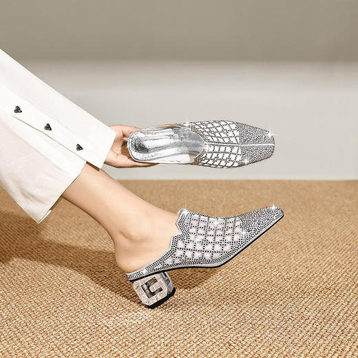 【预售5天】水钻凉拖鞋外穿时尚，包头半拖鞋高级感粗跟拖鞋JZX&L07-88 商品图0