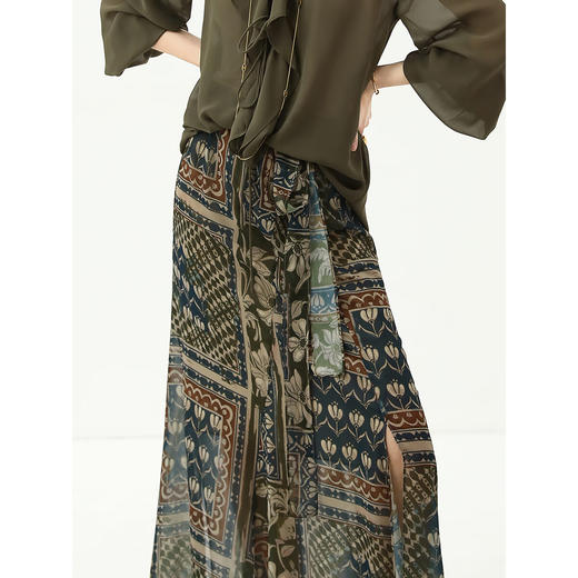 COCOBELLA复古度假风波普花卉飘带半身裙开叉浪漫长裙HS0045B 商品图2