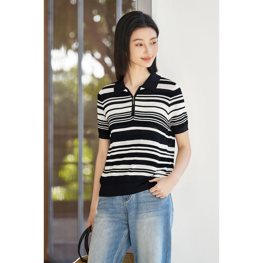 【XL/XXL预售7天】米思阳2026夏季新款简约休闲撞色黑白条纹T恤拉链POLO领上衣5823 商品图4
