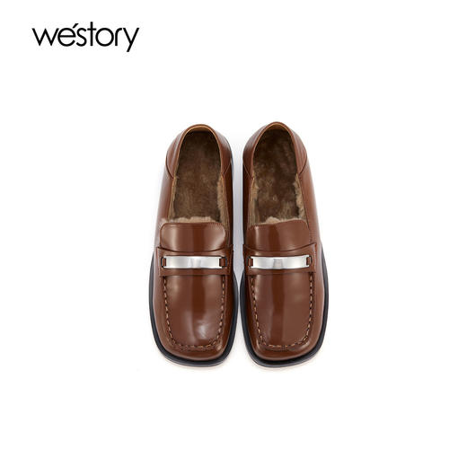 westory2021秋冬一脚蹬绒里乐福鞋通勤百搭单鞋方头真皮纯色女鞋W22AM54151 商品图3