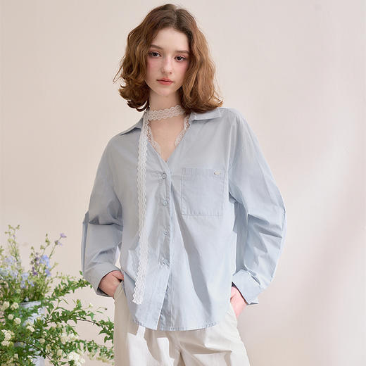 西遇蕾丝拼接衬衫女新款蓝色法式假两件薄款长袖上衣D0050469 商品图2